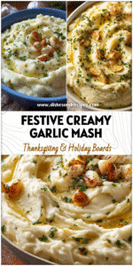 A serving dish filled with creamy garlic mashed potatoes garnished with herbs and roasted garlic cloves.